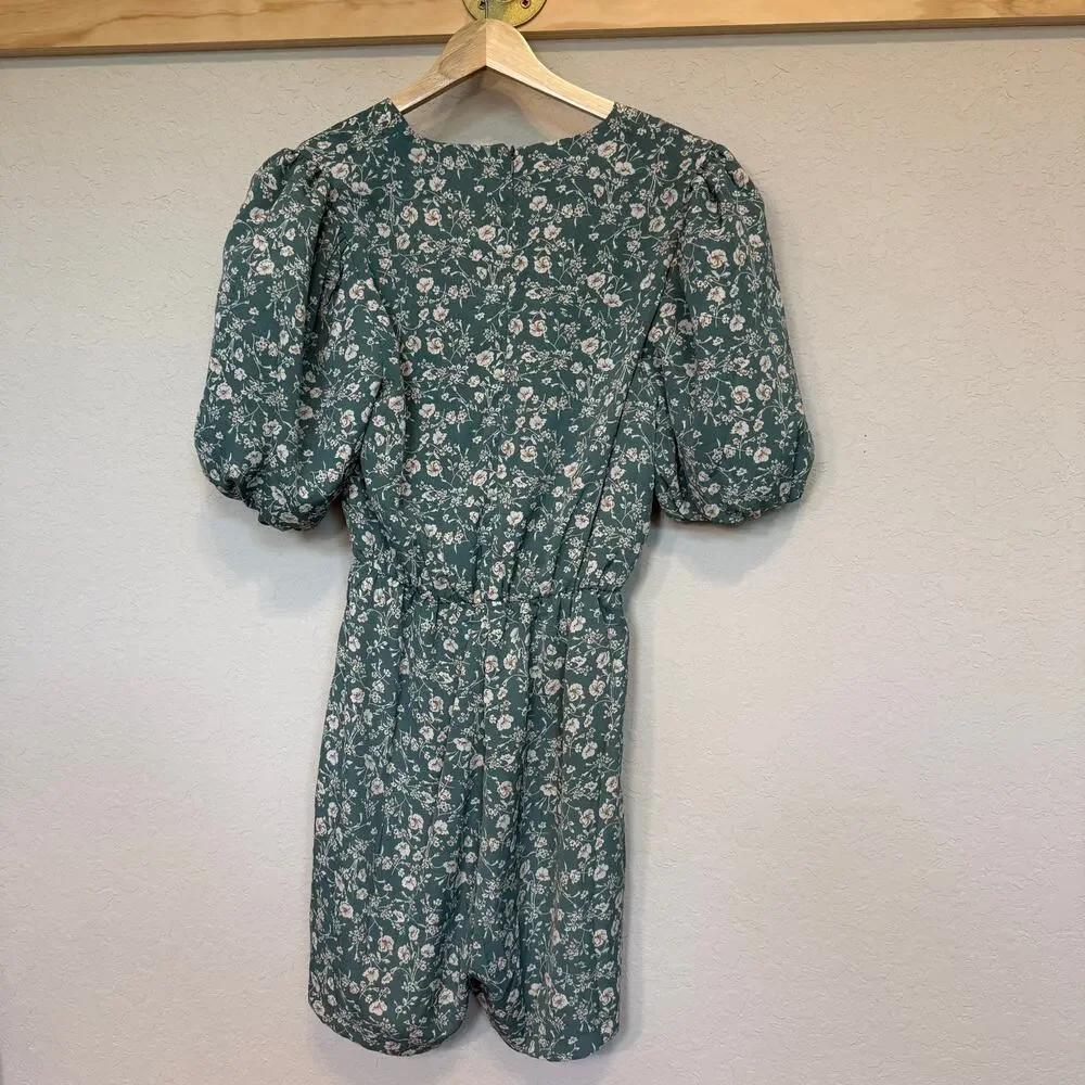 Women's Nasty Gal‎ Sage Green Floral Puff Sleeve Romper Size 4 NEW - Picture 5 of 10